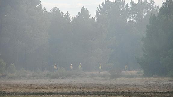 Los equipos de extinción trabajan en medio de una intensa humareda. 