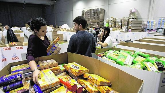 Varios voluntarios catalogan las cajas de alimentos en una de las naves de Mercasalamanca. 