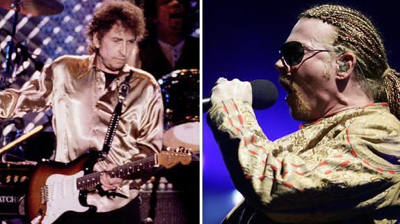 Bob Dylan y Axl Rose comparten 'Knocking on heaven's door'; el primero la escribió, la versión del segundo la catapultó a la fama.