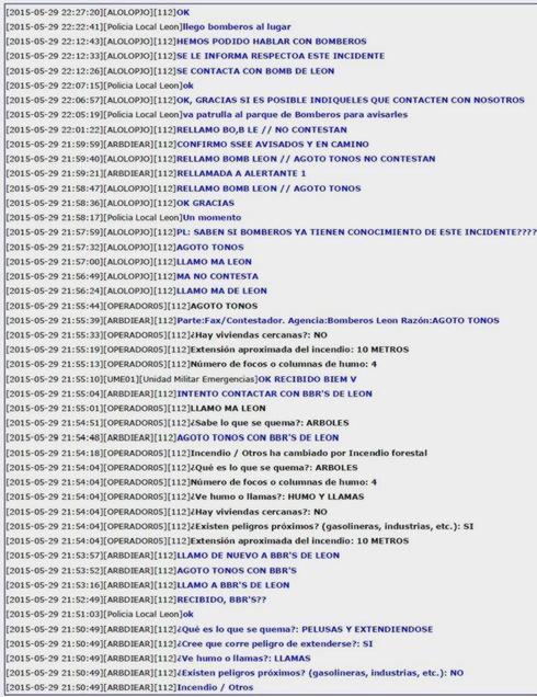 Imagen del documento interno registrado en los equipos de emergencias de León.