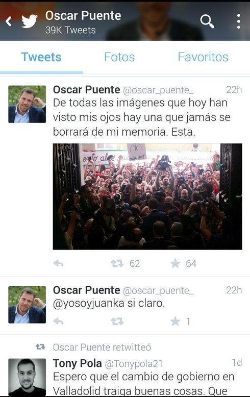 Pantallazo del 'timeline' del perfil de Twitter de Óscar Puente.