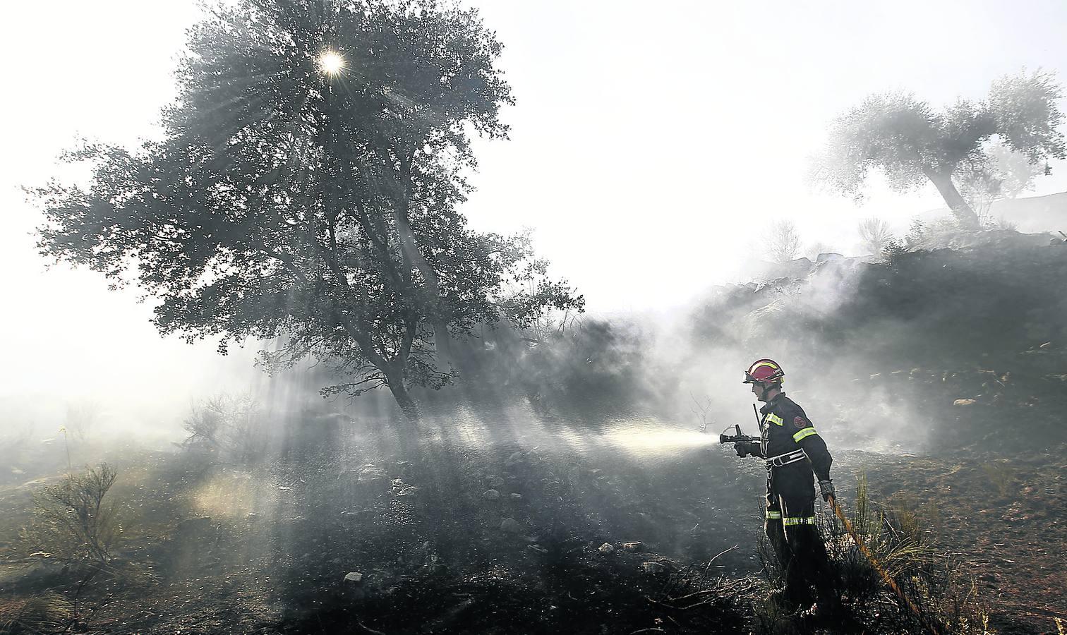 Un bombero trabaja en la extinción del fuego declarado en Fuentes de Oñoro. 