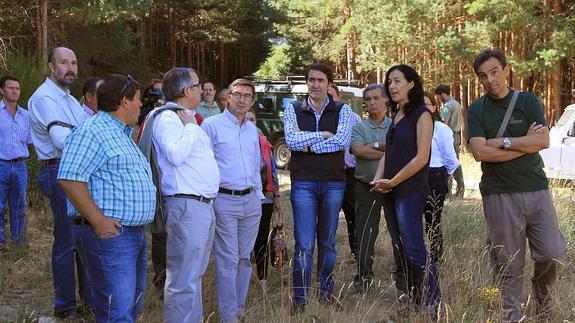 El consejero de Fomento y Medio Ambiente, Juan Carlos Suárez-Quiñones (centro), junto al resto de autoridades, ayer en la visita al pinar.