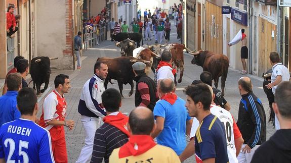 Los novillos ascienden dispersos la calle Parras, durante el encierro de ayer. A. Tanarro