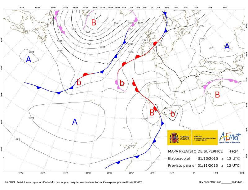 La borrasca situada en el Golfo de Cádiz, con las bajas presiones asociadas situadas en el norte de África, y el oeste de Galicia, son las responsables de las lluvias y el viento de las próximas 24 horas. 