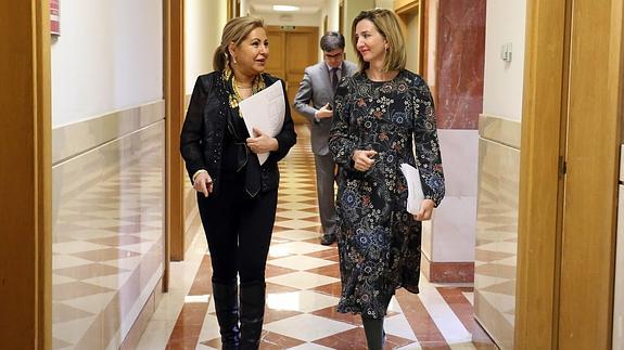 La portavoz de la Junta, Rosa Valdeón, y la consejera de Familia, Alicia García, se dirigen a la rueda de prensa posterior al Consejo de Gobierno. 