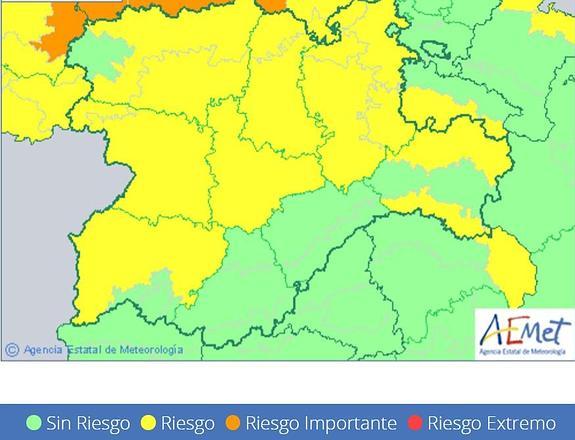 Mapa de alertas de la AEMET para Castilla y León.
