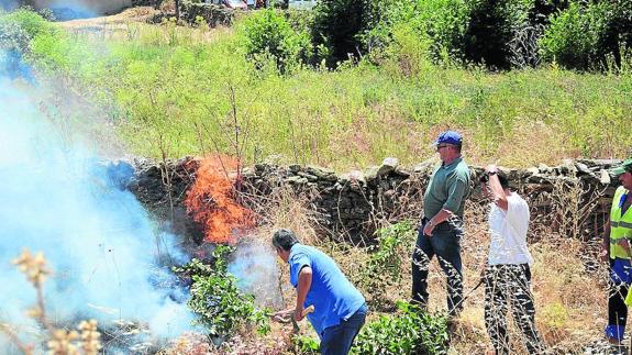 Los vecinos sofocan con ramas uno de los focos para evitar que se extienda.