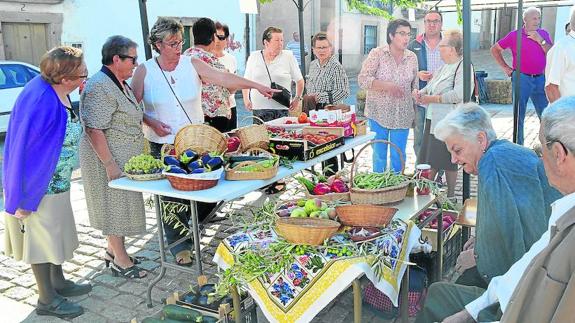 Varios visitantes observan uno de los puestos de productos de la huerta que se mostraron ayer en Lumbrales, durante la celebración de su primera feria dedicada a la horticultura y la artesanía.