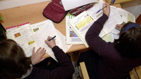 Dos niñas realizan los deberes escolares.