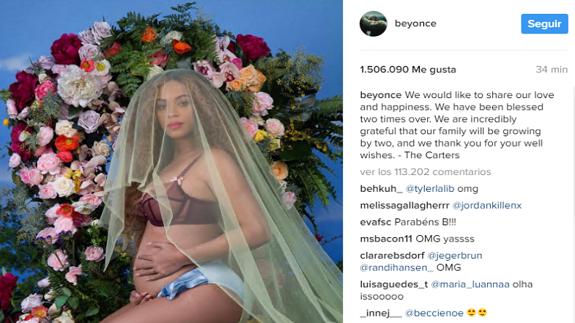 Beyoncé, con su foto y el anuncio de la noticia de su embarazo gemelar en Instagram. 