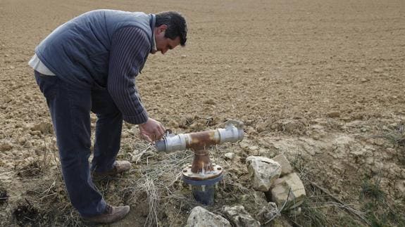 Javier Díez, junto a una toma de riego, en su explotación en Fuentes de Nava. 