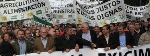 Representantes castellanos y leoneses de Asaja, entre ellos Donaciano Dujo (primero por la izquierda) acudieron a la protesta en Madrid. En la cabecera de la marcha, los secretarios                     generales de  COAG, Miguel López (cuarto), y Asaja Pedro Barato (quinto)./ EL NORTE