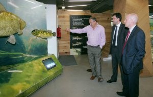 El comisario de la exposición, Miguel Ángel Pinto, muestra ayer sus contenidos a directivos de Caja de Burgos. ::                             MERCHE DE LA FUENTE