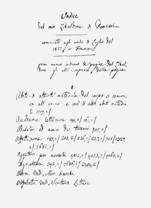 Índice del 'Zibaldone', escrito de puño y letra por Leopardi.