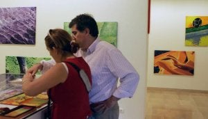 Una pareja contempla en Caja España una serie de pañuelos pintados y firmados por Carmen Boixadós. ::
HENAR SASTRE