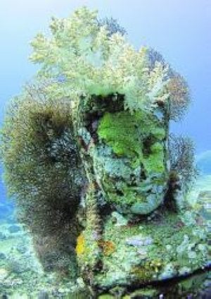 Dos buceadores, en el Jardín del Templo Submarino. Abajo, una de las piezas.  ::
PAUL TURLEY