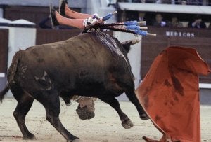 José María Manzanares sufre un revolcón en la faena de muleta a su segundo toro. ::
MANUEL DE LEÓN-EFE