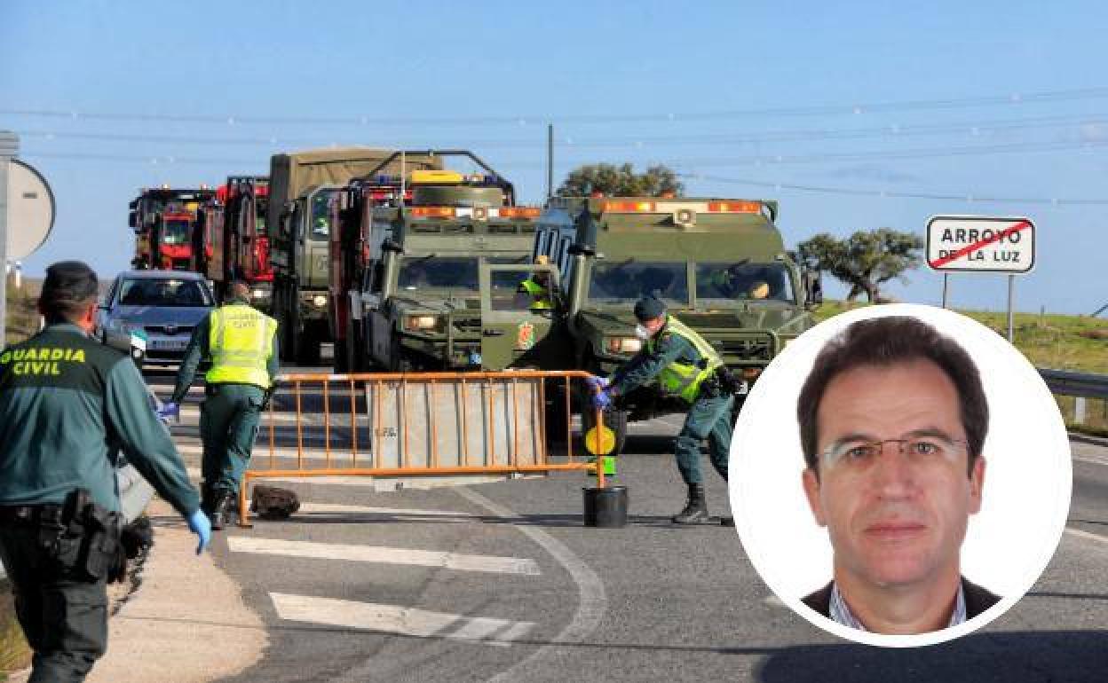 Los vehículos de la UME entrando en la localidad de Arroyo de la Luz ayer por la tarde; en el destacado, Juan Manuel García. 