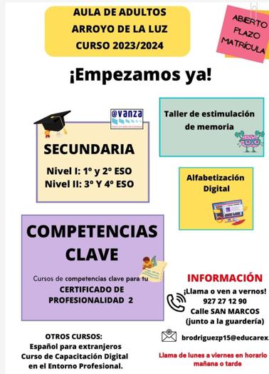 Imagen principal - Oferta educativa del Aula de Adultos de Arroyo de la Luz para el curso 2023-2024