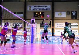 La colocadora del Extremadura Arroyo Camila Olguín coloca en suspensión.