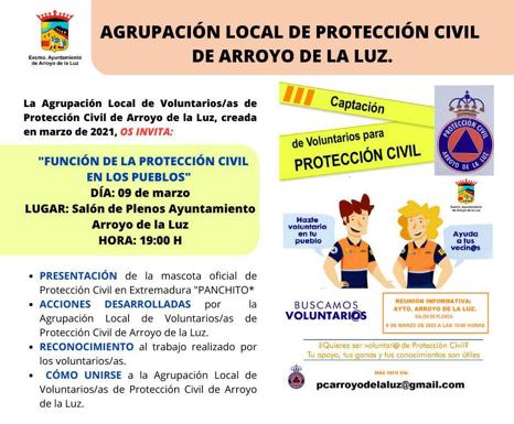 La Agrupación Local de Voluntarios de Protección Civil de Arroyo de la Luz organiza una reunión informativa