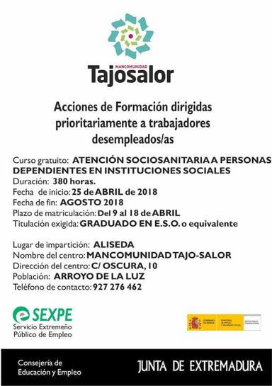 La Mancomunidad oferta un nuevo curso de Atención Sociosanitaria al que pueden acceder los vecinos de Arroyo