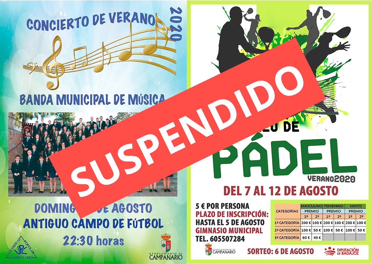 Suspendidos el concierto de la Banda Municipal de Música y el Torneo de Pádel