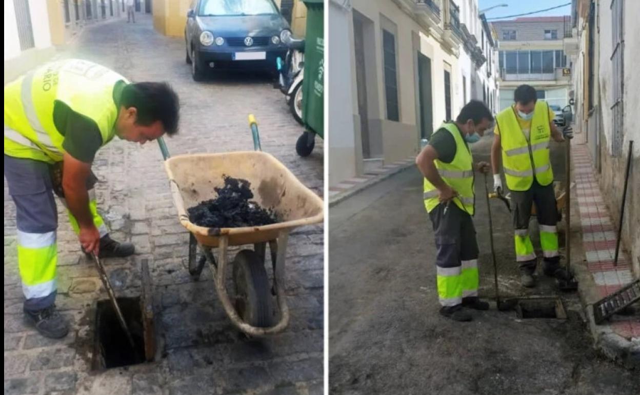 Trabajadores municipales hacen limpieza en las alcantarillas. 