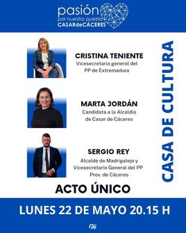 El acto de campaña del Partido Popular tendrá lugar esta tarde en la casa de cultura