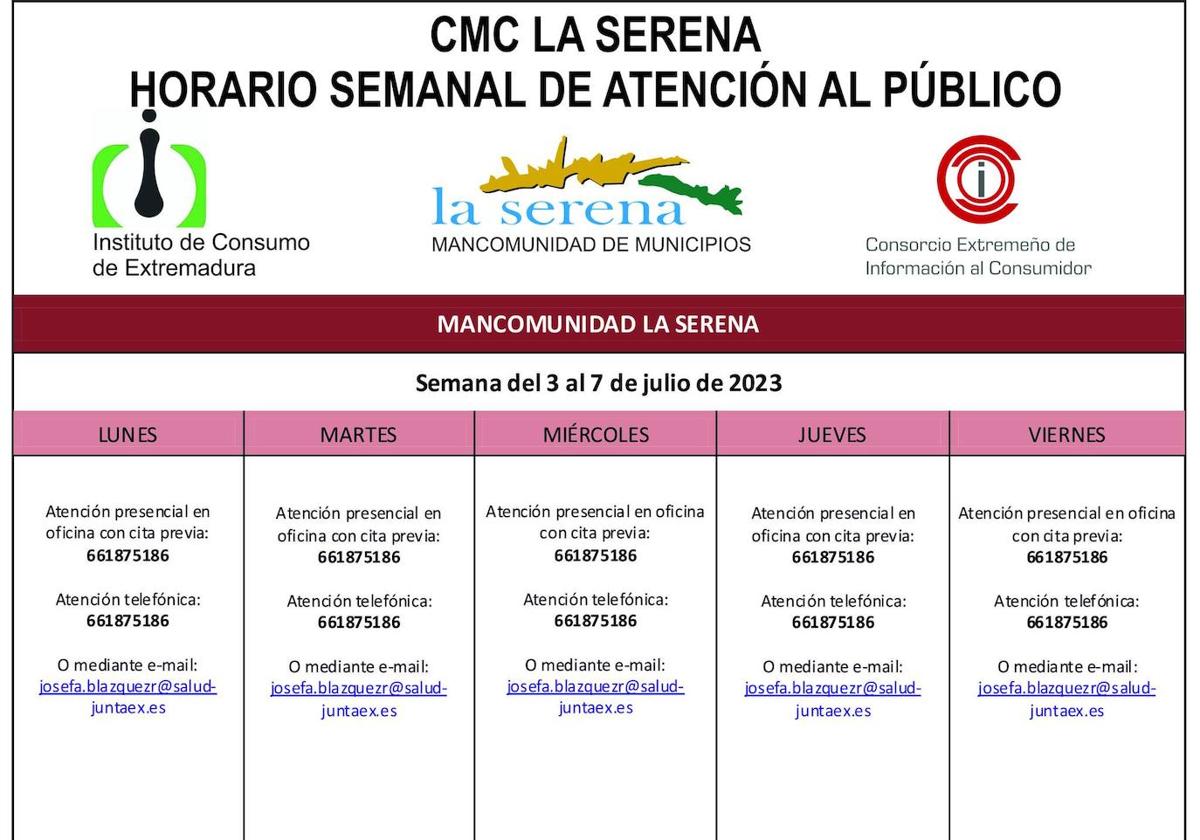 Horario semanal de Atención al público de CMC La Serena
