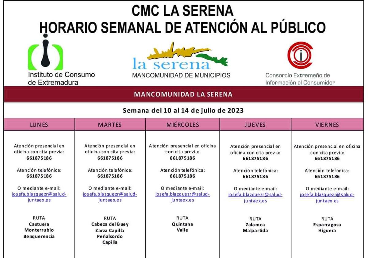 Horario semanal del 10 al 14 de julio de atención al público del CMC La Serena