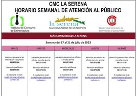 Horario semanal de Información al Consumidor