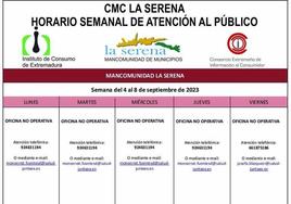 Horario semanal del 4 al 8 de septiembre de atención al público del CMC La Serena