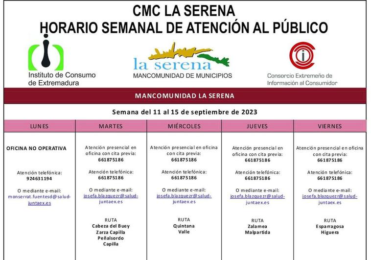Horario semanal del 11 al 15 de septiembre de atención al público del CMC La Serena