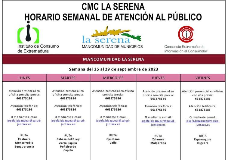 Horario semanal del 25 al 29 de septiembre de atención al público del CMC La Serena