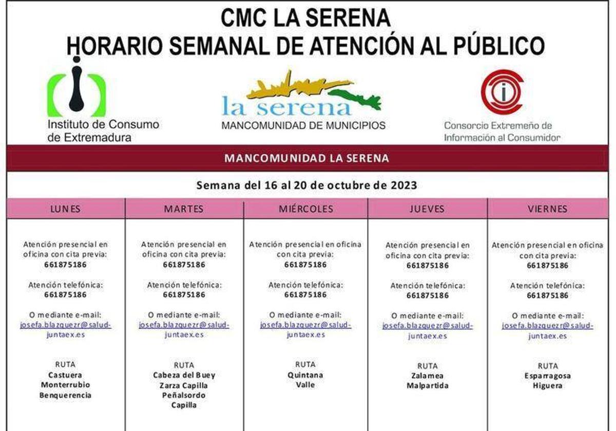 Horario semanal, del 16 al 20 de octubre, de atención al público del CMC La Serena