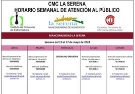 Horario semanal, del 13 al 17 de mayo, de atención al público del CMC La Serena