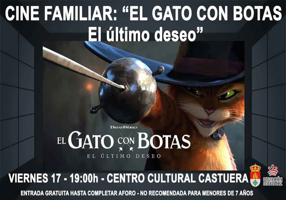 El auditorio del Centro Cultural acoge este viernes 17 de mayo la proyección de «El Gato con Botas. El último deseo»