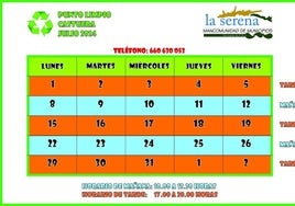 Horarios del punto limpio durante el mes de julio de 2024