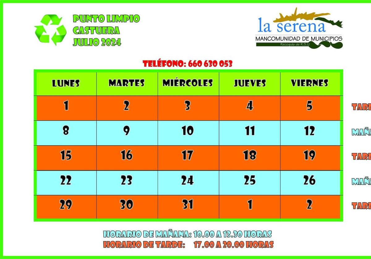 Horarios del punto limpio durante el mes de julio de 2024