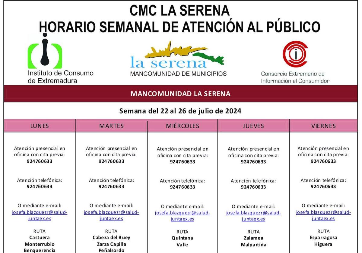 Horario semanal, del 22 al 26 de julio, de atención al público del CMC La Serena