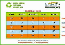 Horarios del punto limpio durante el mes de agosto de 2024