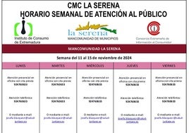 Horario semanal, del 11 al 15 de noviembre, de atención al público del CMC La Serena