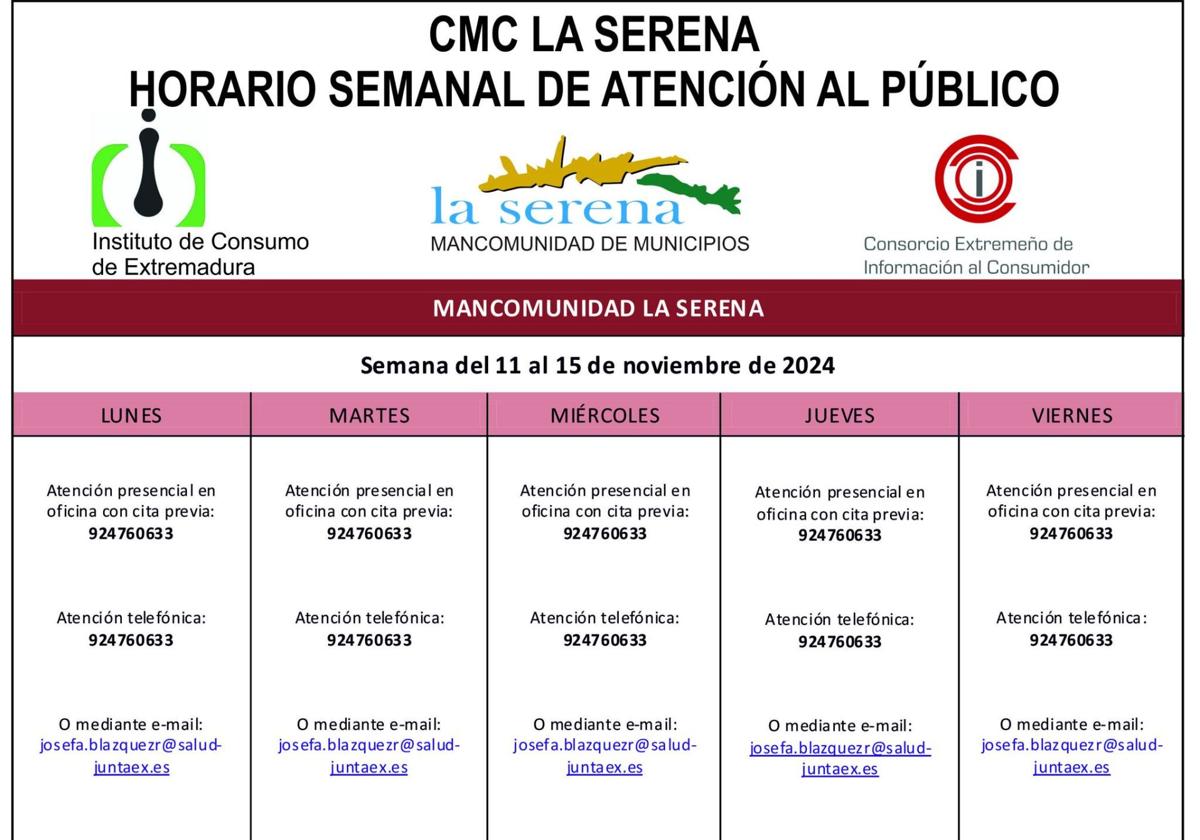 Horario semanal, del 11 al 15 de noviembre, de atención al público del CMC La Serena