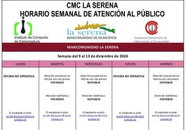 Horario semanal, del 9 al 13 de diciembre, de atención al público del CMC La Serena