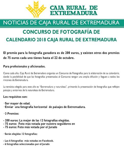 Caja Rural de Extremadura convoca un concurso de fotografía para su calendario de 2018