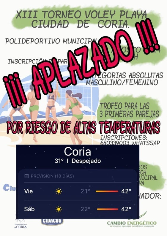 Torneo de Voley Playa en Coria aplazado por alerta de altas temperaturas
