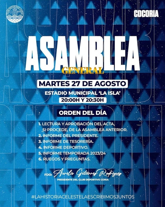 El Club Deportivo Coria convoca a asamblea general para el 27 de agosto