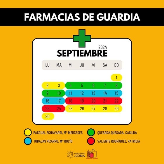 Calendario de farmacias de guardia en Coria para septiembre de 2024